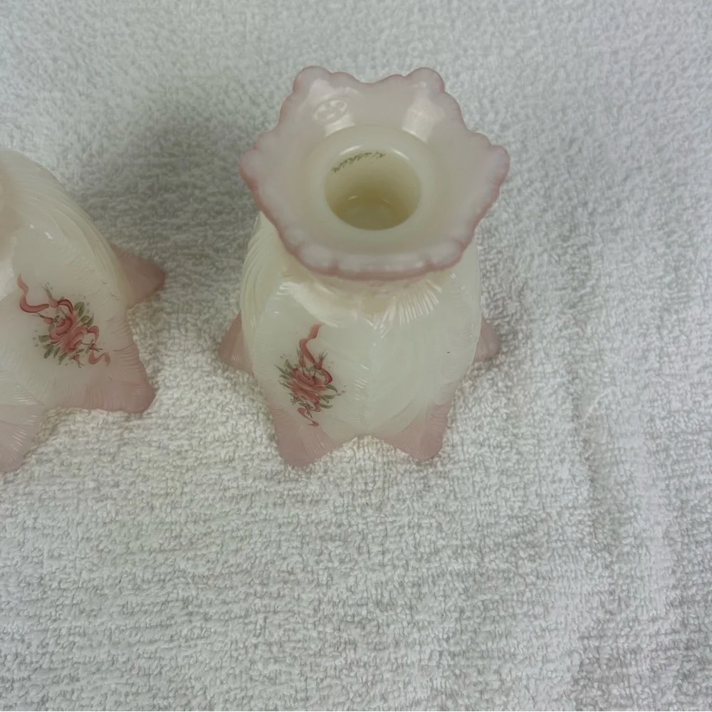 Pair of VTG '1980's' Fenton Art Glass Burmese - 2 way Votive - Signed/Painted
